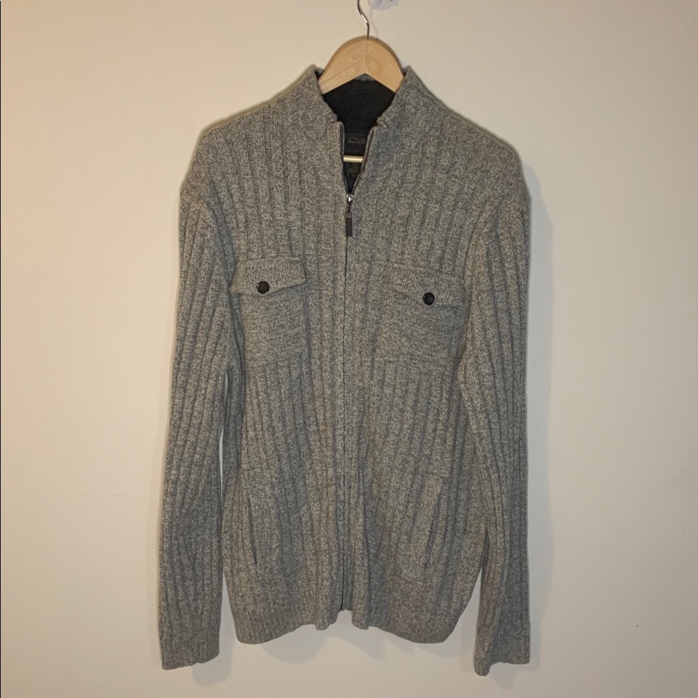 Tasso Elba Men’s Gray Wool Blend Ribbed Full Zip Sweater Size Large Fall Winter